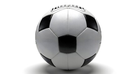 A high-detail close-up of a traditional black and white soccer ball, showcasing the classic pentagonal pattern and synthetic leather texture.