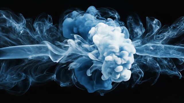 Smoke trails form with varying motion densities concept. Abstract blue and white smoke swirling on black background with dynamic flowing patterns