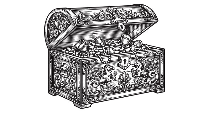 Adobe Illustrator Open antique treasure chest filled with gold coins and chalices in an intricate baroque engraving style.