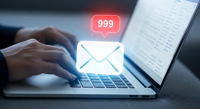Person typing on laptop with email icon and '999' notification, symbolizing inbox overload or urgent message