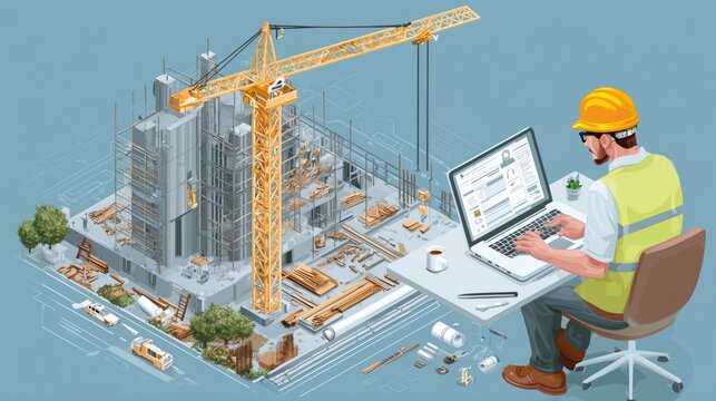 Engineer planning building construction project using laptop with blueprints and crane visible