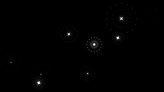4k firework circle blast animation with shiny line explosion and sparkling stars, cartoon vector twinkle pop-up effect on black screen, perfect for motion graphics, intros, and VFX overlays