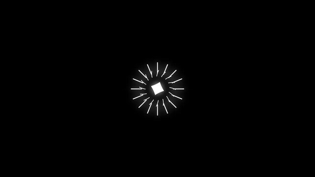 Circle firework blast with shiny star lines and twinkle pop-up animation, 4k hand-drawn cartoon vector sparkle effect on black screen for VFX, reels, and motion graphic overlays