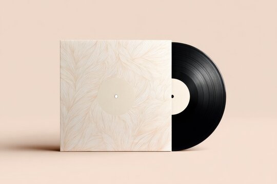 Vinyl mockup featuring a warm cream colored album cover with a textured design and a black vinyl record positioned on a soft beige background
