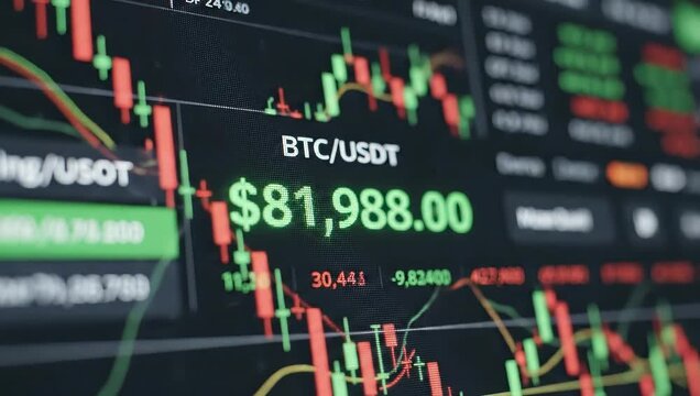 Crypto trading activity on exchange. Live chart displays Bitcoin and USDT prices. Traders analyze market trends and patterns in real-time. Digital financial environment thrives.