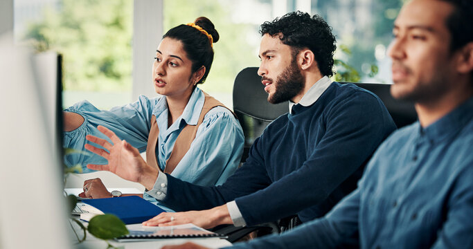 Creative, woman and manager with computer in office for training, editing article and news report. People, mentorship and teamwork with pc, proofreading and helping with draft for story publication