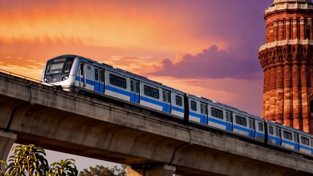 A modern metro train on an elevated track with a historical monument and a vibrant sunset sky in the background.
