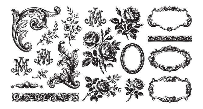 Collection of baroque floral border frames and flourish divider with central monogram letter M vintage ornamental engraving style.