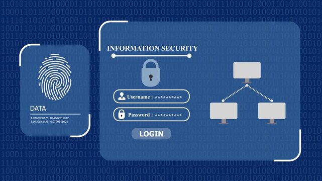 Information security interface with biometric fingerprint login, encrypted data nodes and digital system protection.