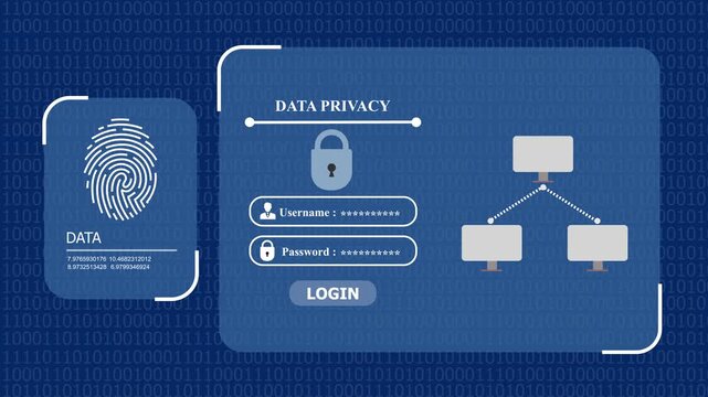 Data privacy interface with biometric fingerprint login, secure user authentication and digital information protection.