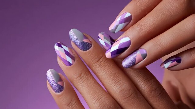 Digital tools in a medium shot showcasing geometric nail designs with sharp lines and symmetry being applied on models nails.