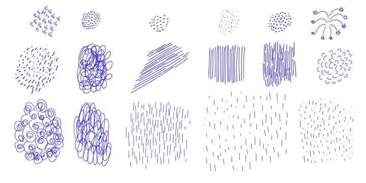 Set of hand drawn scribble pen blue line. Sloppy hatching, highlighter for trend modern design. Scratch texture sketchy graphic design element. Template vector illustration ballpoint round swirl