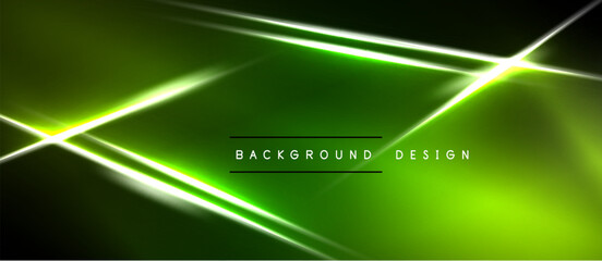 Obraz premium Dark green background features bright neon lines. Abstract geometric shapes create dynamic visual effect. Modern design element.