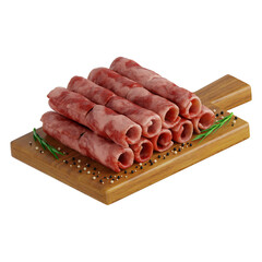 Rolled Raw Beef Slices on Cutting Board
