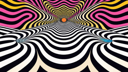 Obraz premium Retro Groovy Psychedelic Striped Ripple Background in Black for Vintage Designs