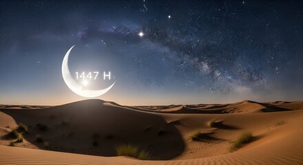 crescent moon over desert dunes at night, islamic year 1447