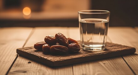 Dates and water glass on wooden board, iftar meal