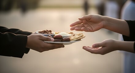 sharing iftar meal, ramadan charity, giving food, muslims