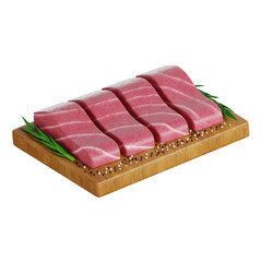 Four Raw Tuna Steaks on Wooden Board