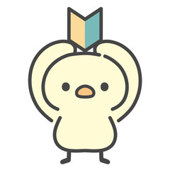 初心者マークを頭上に掲げるひよこの手描きイラスト © Nitomaru