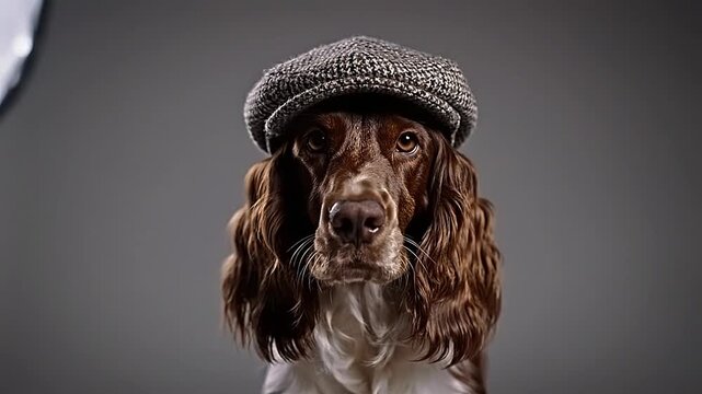 Brown and white dog wearing a tweed hat on a grey background.