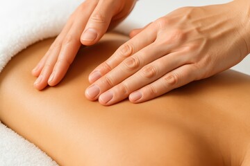 Naklejka premium Close-up of hands performing a back massage on a tanned woman, creating a sense of relaxation and wellbeing, with a soft white towel in the background for comfort.