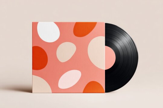 Vinyl mockup featuring a terracotta colored album cover with abstract shapes, black record partially visible against a light beige background