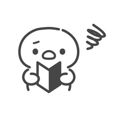 初心者マークを手に持ってもやもやするひよこの手書き線画イラスト   不安や迷い   上半身 © Nitomaru
