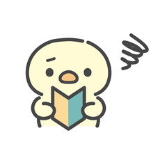 初心者マークを手に持ってもやもやするひよこの手書きイラスト   不安や迷い   上半身 © Nitomaru