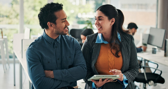 Happy, friends and employees tablet, office and positive results for campaign on website and online. Marketing team, talk and people with tech for brand identity on social media, smile and discussion