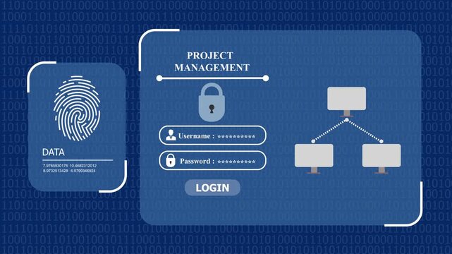 Project management security interface with biometric login, user access control and centralized data network system.