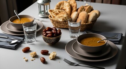 ramadan iftar meal, dates, soup, bread, water, islamic culture
