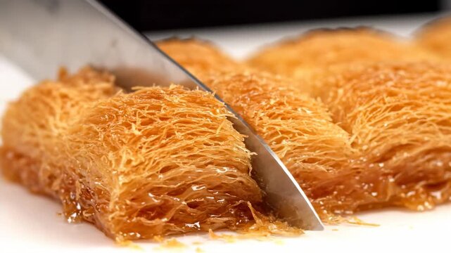Close-up of Knife Cutting Sweet Golden Kunafa Pastry