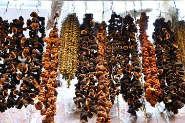 variety of Turkish traditional lokum sweet delight with Turkish coffee in cups, tea in tulip glass and fresh fruits