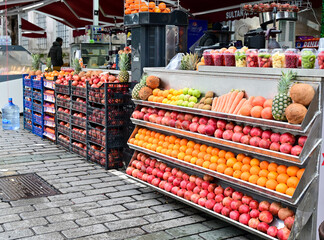 variety of Turkish traditional lokum sweet delight with Turkish coffee in cups, tea in tulip glass and fresh fruits