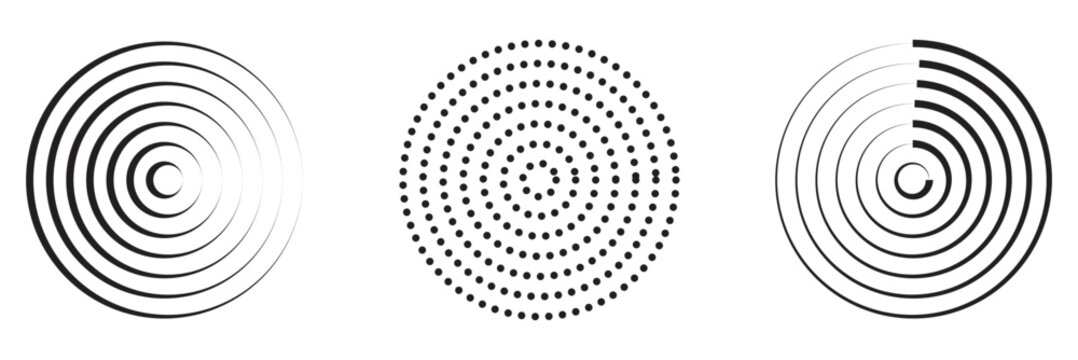 Linear set of radar icons, sonar waves, concentric radial signal circles, echo sounder symbols. Vector black and white illustration on a transparent background for interfaces and infographics