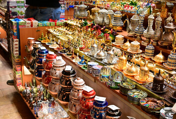 variety of Turkish traditional lokum sweet delight with Turkish coffee in cups, tea in tulip glass and fresh fruits