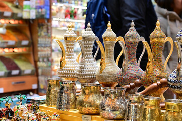 variety of Turkish traditional lokum sweet delight with Turkish coffee in cups, tea in tulip glass and fresh fruits
