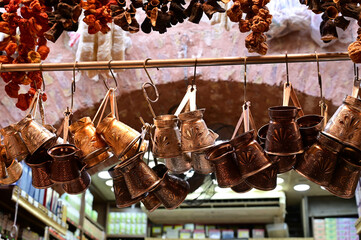variety of Turkish traditional lokum sweet delight with Turkish coffee in cups, tea in tulip glass and fresh fruits