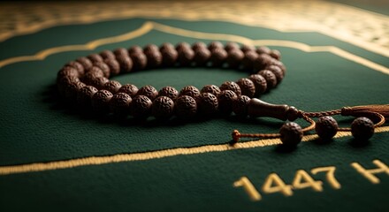 Islamic prayer beads on green prayer mat, ramadan concept
