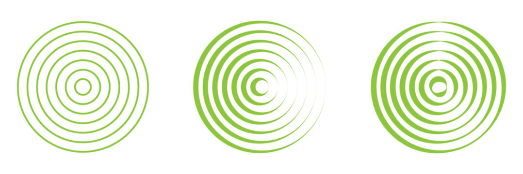 blue concentric ripple circles set. Sonar or sound wave rings collection. Epicentre, target, radar icon concept. Radial signal or vibration elements. Halftone vector illustration