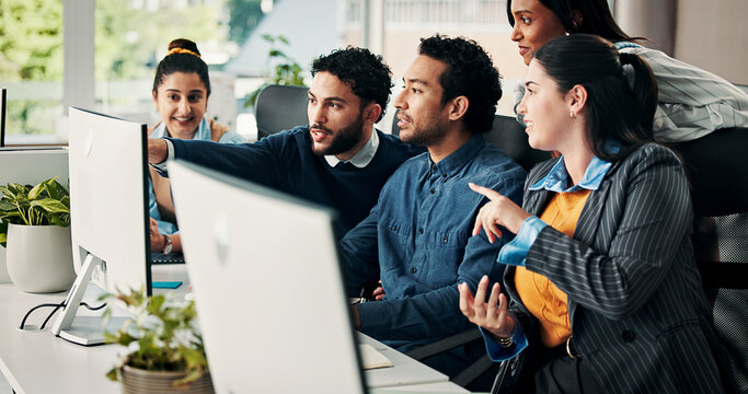 Business, mentor and team with advice on computer for training, article guidance or story feedback. People, creative interns and help with tech at coworking agency for news reporting and editing FAQ