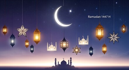 Ramadan Kareem celebration background with lanterns and crescent moon
