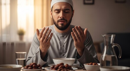 Muslim man praying before iftar, ramadan meal