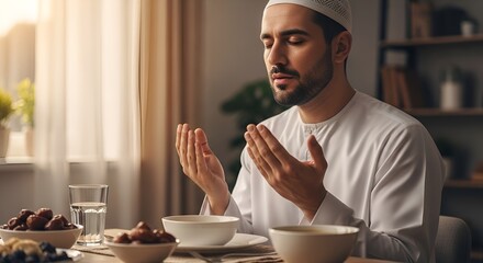 Muslim man praying before iftar meal, ramadan concept