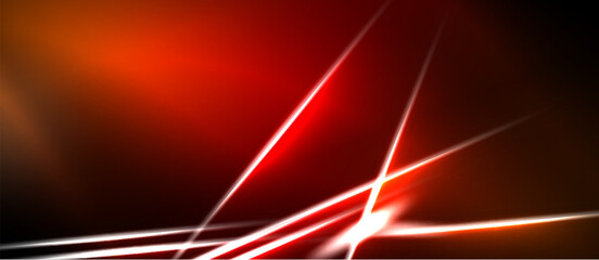 Abstract red background features dynamic light streaks. Bright lines intersect, creating energetic visual impact. Dark areas provide contrast.