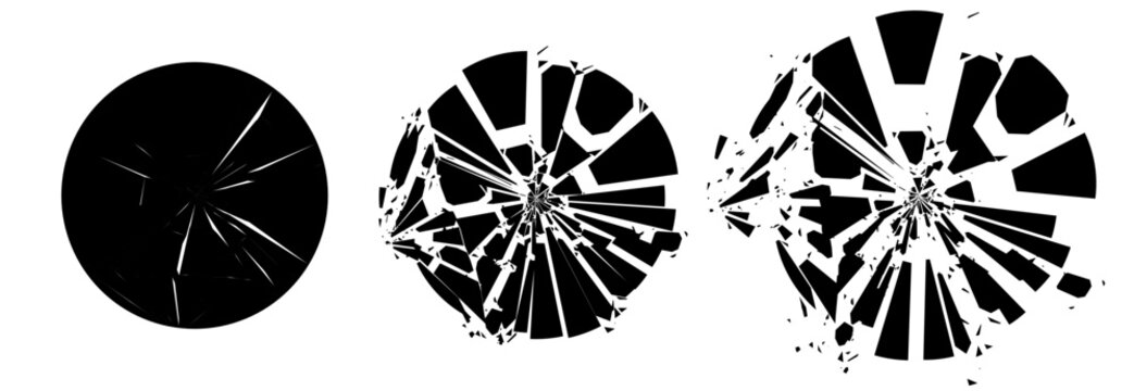 Broken Glass Circles with Cracks. Abstract Comic Book Flash Explosion Blast Radial Lines. Shattered, Fractured and Broken Geometric Circles. Damaged Texture. Vector Illustration.