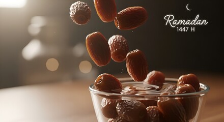 Ramadan dates falling into glass bowl, food photography