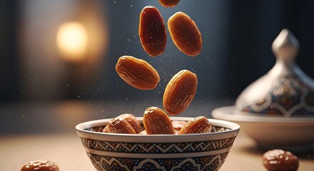 dates falling into bowl, ramadan food, healthy snack, close up
