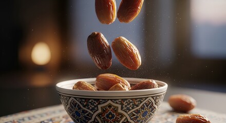 Dates fruit falling into a bowl, ramadan iftar concept